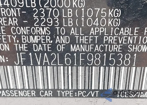 2015 Subaru Wrx Sti z USA, uszkodzony, nr VIN JF1VA2L61F9815381